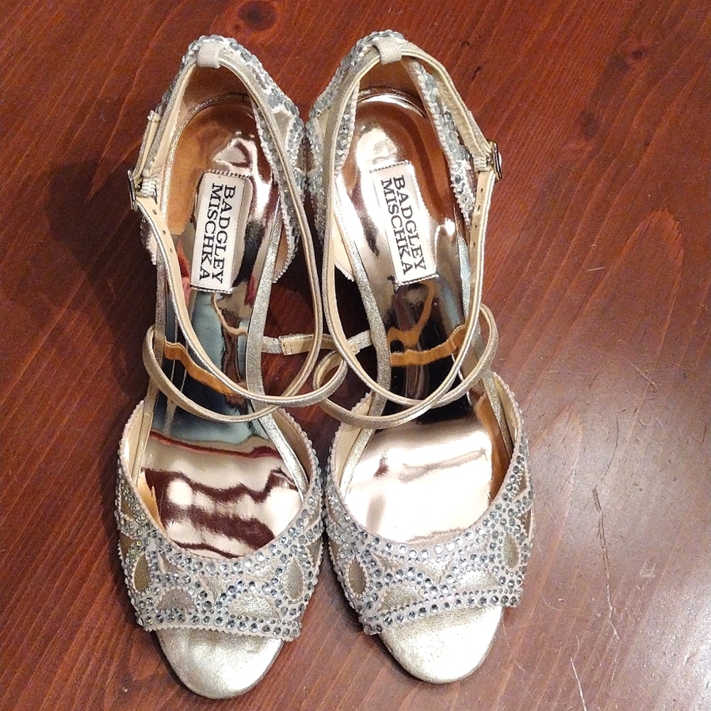 Badgley Mischka Gold Wedges with Rhinestones - Picture 13 of 13